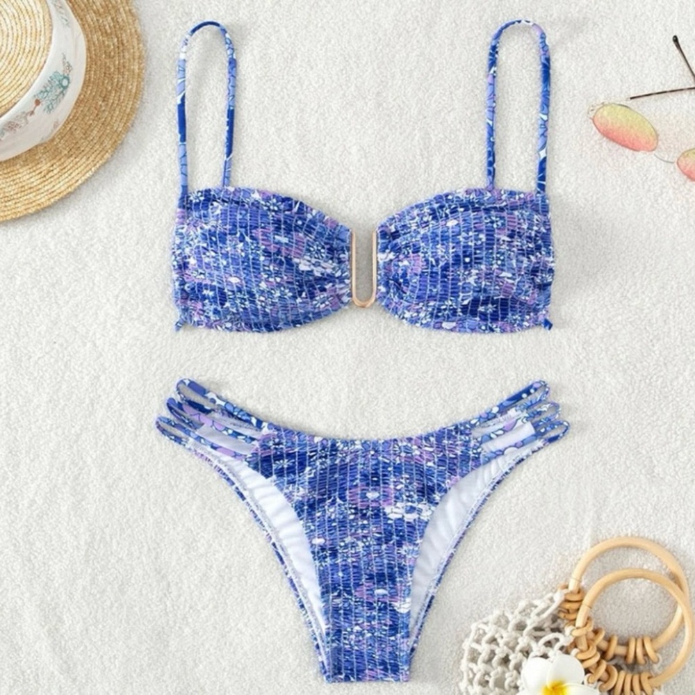 Purple Floral Shirred Smocked Bikini Low Rise Brazilian Bottom U-Ring NWOT